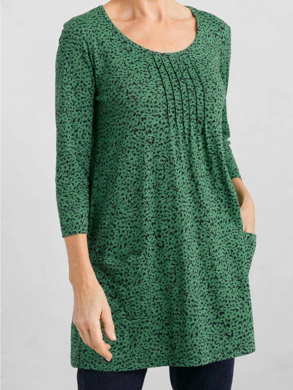 Women’s Green Printed Tunic Top with Pintuck Detail